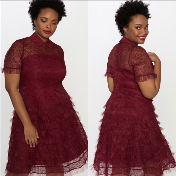 Eloquii Dresses & Skirts - Eloquii Red Studio Lace Ruffle Dress tiered collared 14P short sleeve